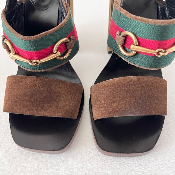 GUCCI || Querelle Horsebit Web stripe Suede Chunky Gold High Heel Sandal EU 38 - Picture 5 of 15